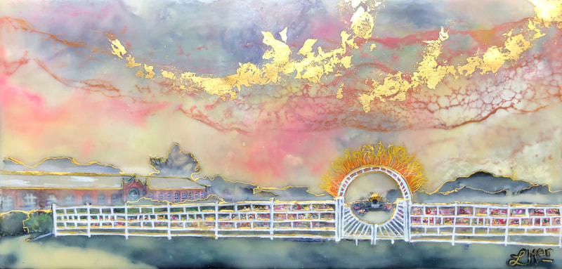 Meet Me in the Rose Garden - ©Leah Merriman - Encaustic Mixed Media with gold leaf - 5.5 x 11 - SOLD