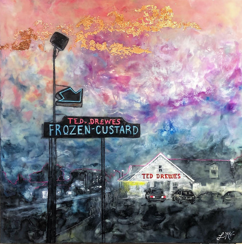 You Guys Want to go to Ted Drewes?!? - ©Leah Merriman - Encaustic Mixed Media with gold leaf - 24 x 24 - $725