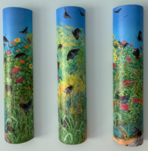 Left tube: Black Swallowtails & Zinnias. Middle tube: Blooming Dill & Black Swallowtails. Right tube: Black Swallowtails Caterpillars Galore - ©Carla Duncan - Fine Art Giclee Print - 24" h x 5.5" w x 2.5" d - $80 each