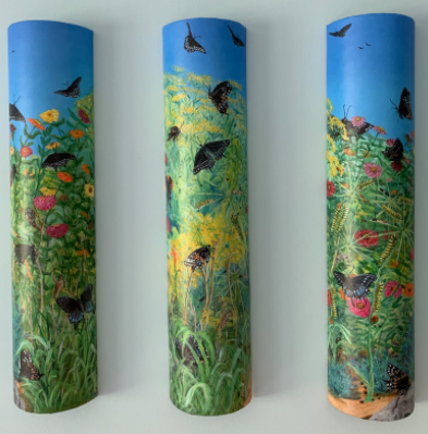 Left tube: Black Swallowtails & Zinnias. Middle tube: Blooming Dill & Black Swallowtails. Right tube: Black Swallowtails Caterpillars Galore - ©Carla Duncan - Fine Art Giclee Print - 24" h x 5.5" w x 2.5" d - $80 each