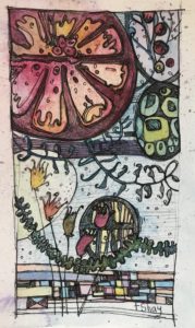 ©Terri Shay - Nikki’s Pomegranate 3 - Pen and ink and watercolor - 10 x 8 - $215