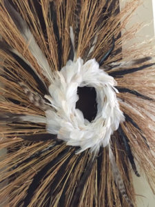 Prairie Nest - ©Pat Tuholske - Little Bluestem Grass, Rooster and Geese Feathers on a River Oats base - 26” diameter - $135