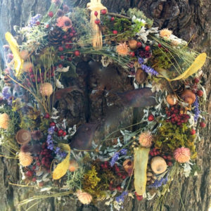 Plant Spirit Wheel - ©Pat Tuholske - Acorns, Moss, Linden Flowers, Honey Locust, Lichen, Ironweed, Globe Amaranth, Pine Needles, Rose Hips, Sumac, Spruce Cones, Sage, Witch Hazel on a Mugwort base - 11” diameter - $58