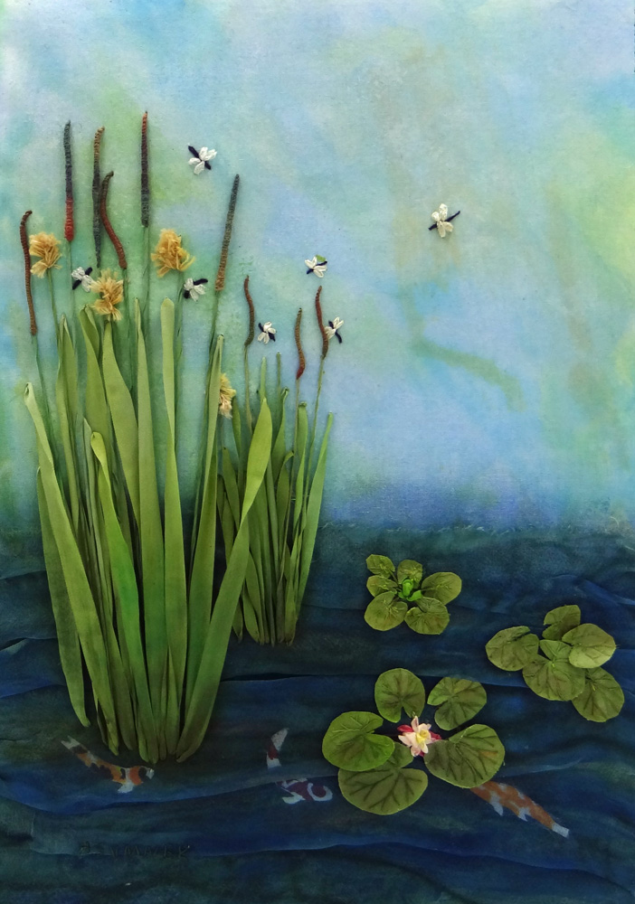 Dragonfly Water Garden ©Ana Sumner – Mixed Media Fiber Art –11x14 -$395.00