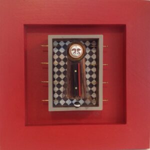 Nell’s Belles Release Your Creativity - ©Nell Kobes - Wood, Brass – Glass - Paper - Rusted Tin Mesh - 
8 x 8 x 1/2 inches - $99