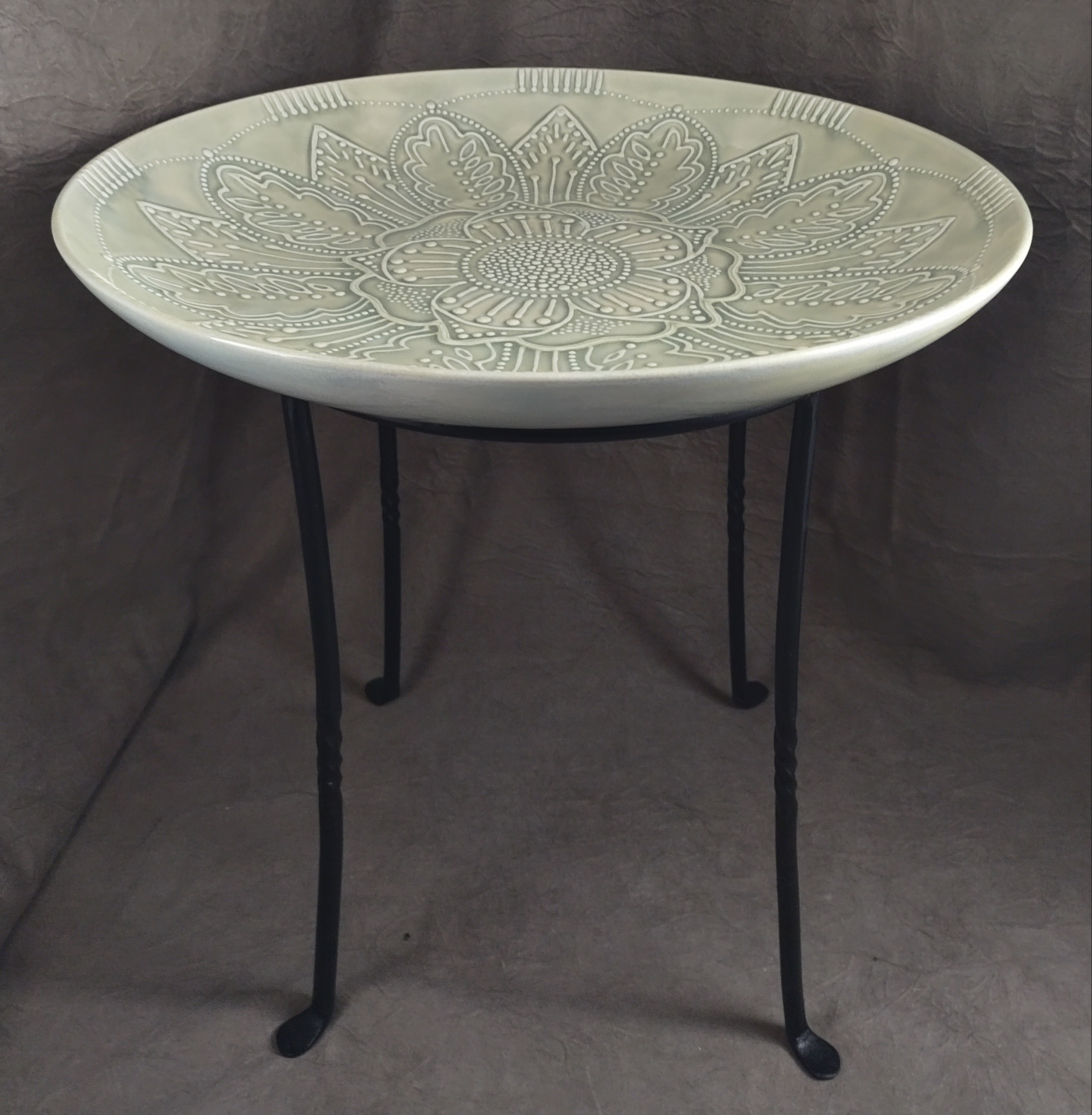 Big Bloomin' Birdbath - Side View - ©Stephanie Barken - Dimensional Glazed Bisque resting on wrought iron base - 16 h x 16 in diam - $225.00