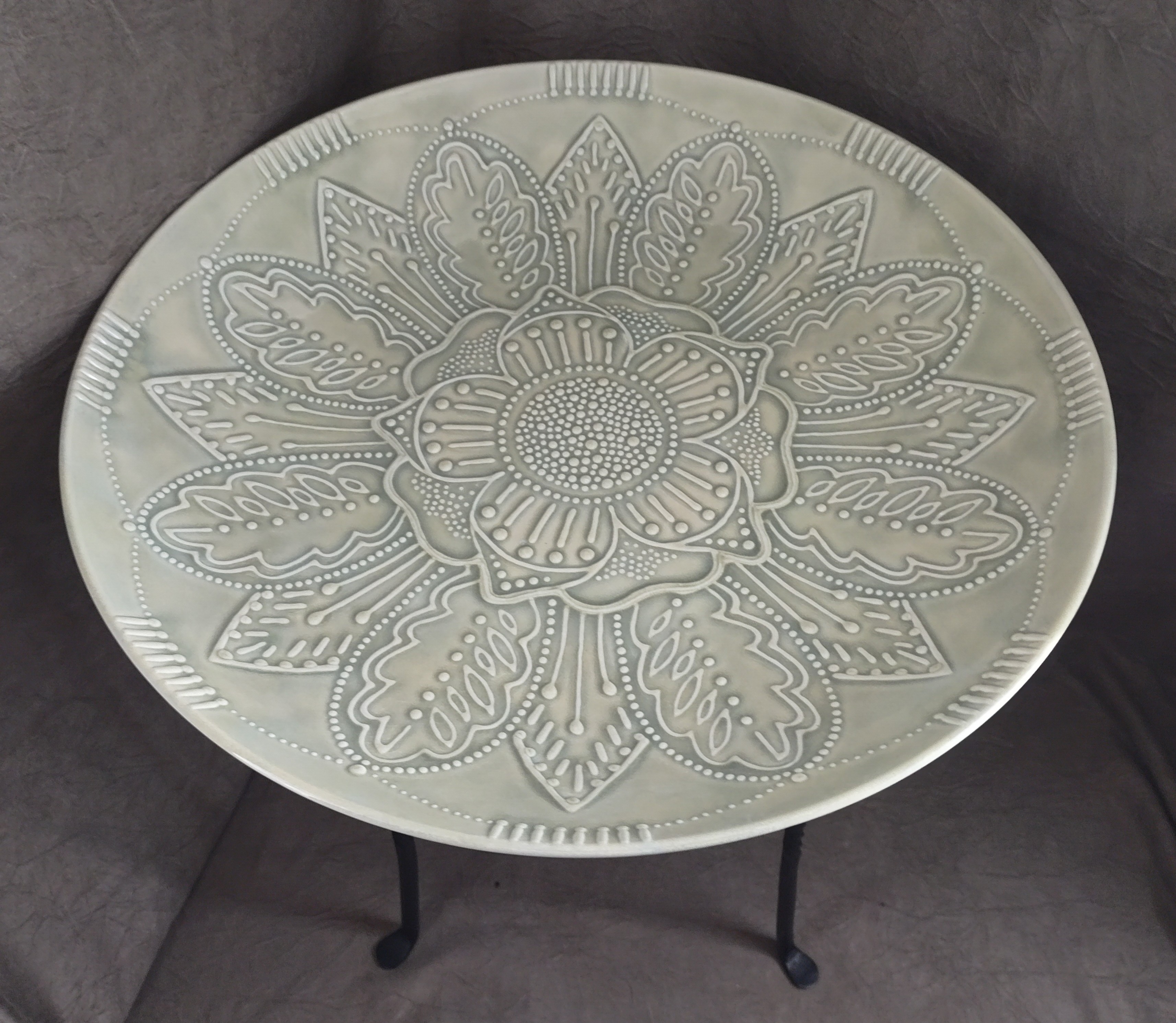 Big Bloomin' Birdbath - Top View - ©Stephanie Barken - Dimensional Glazed Bisque resting on wrought iron base - 16 inch h x 16 inch diam - $225.00