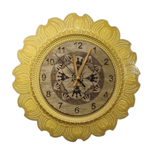 Big Blossom Clock - ©Stephanie Barken - Cut and shaped bisque with wood burned dial insert with dimensional glaze detail. Battery operated - 15.5 diam - $275.00