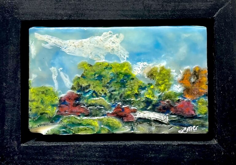 A Japanese Garden Stroll - ©Leah Merriman - Encaustic wax, Oil, Shellac, Ink and Vellum on Wood - 7.8 x 5.5 inches - $110