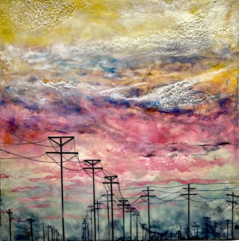 Along the Line - ©Leah Merriman - Encaustic wax, Oil, Shellac, nk and Vellum on Wood - 24 x 24 inches - $725