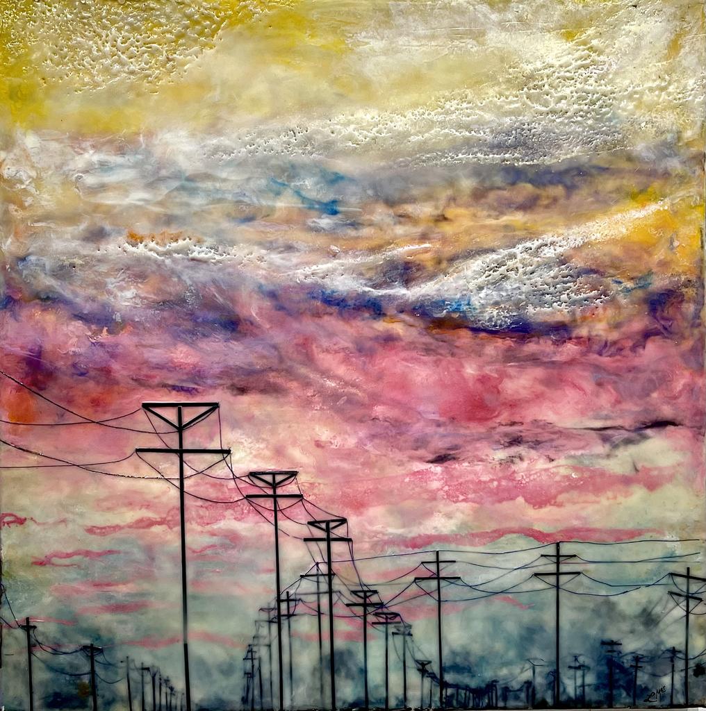 Along the Line - ©Leah Merriman - Encaustic wax, Oil, Shellac, nk and Vellum on Wood - 24 x 24 inches - $725