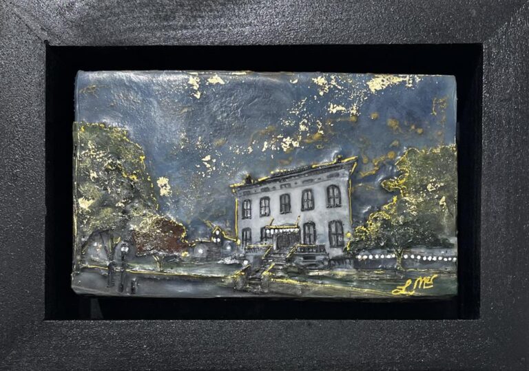 An Evening at Lemp Mansion - ©Leah Merriman - Encaustic wax, Oil, Shellac, Gold Leaf Ink and Vellum on Wood - 8 x 5.75 - $110