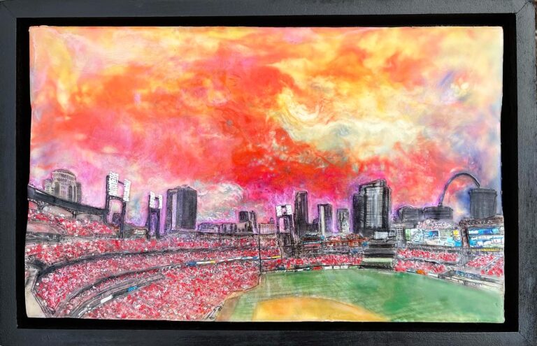 Beer and a Hot Dog - ©Leah Merriman - Encaustic wax, Oil, Ink and Vellum on Wood - 15.24 x 9.5 inches - $325