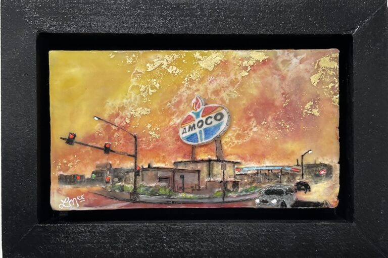 Big Ol’ Amoco Sign - ©Leah Merriman - Encaustic wax, Oil, Shellac, Gold Leaf Ink and Vellum on Wood 8.25 x 6 inches - $110