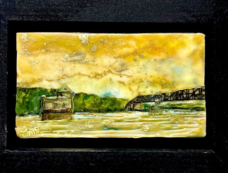 Castles in the River (Chain of Rocks) - ©Leah Merriman - Encaustic wax, Oil, Shellac, Gold Leaf Ink and Vellum on Wood - 5.5 x7.5 inches - $110