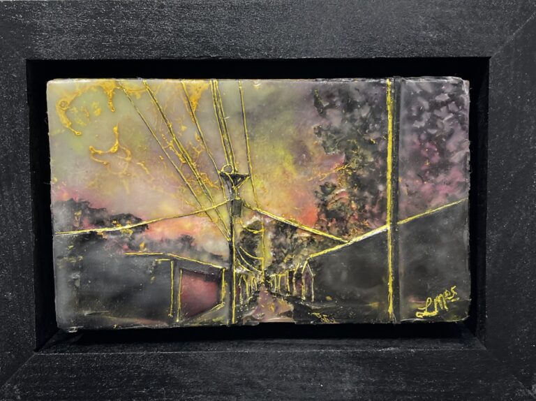 In the Back Alley - ©Leah Merriman - Encaustic wax, Oil, Shellac, Gold Leaf Ink and Vellum on Wood - 7.5 x 5.5 - $110