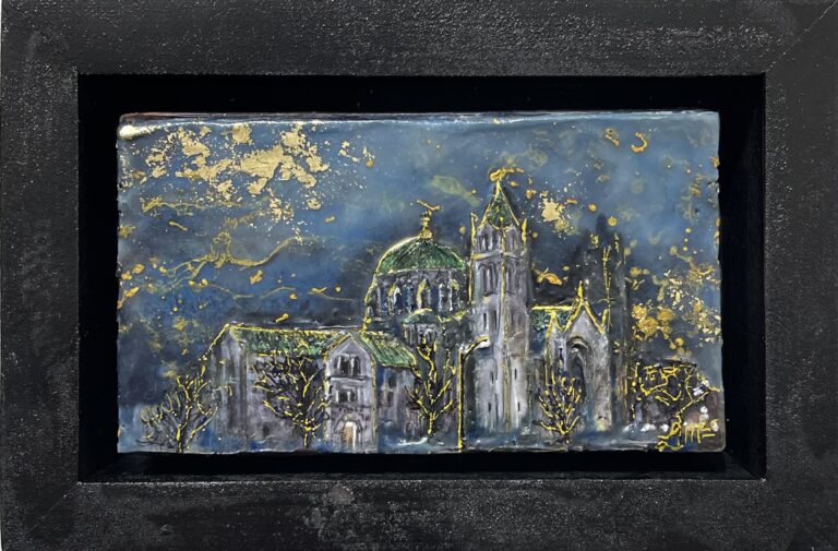 Midnight Mass - ©Leah Merriman - Encaustic wax, Oil, Shellac, Gold Leaf Ink and Vellum on Wood - 8 x 5.5 inches - $110