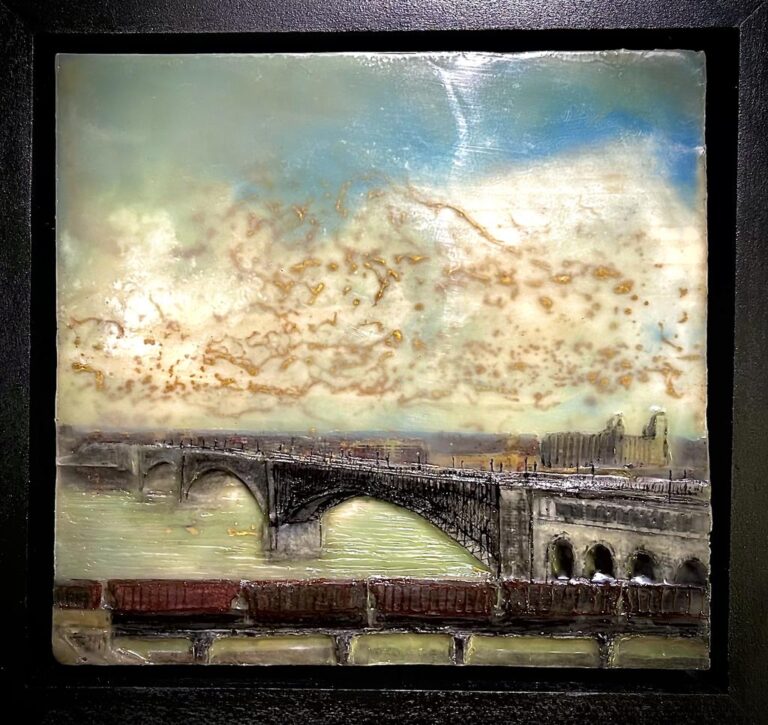 Moody Muddy - ©Leah Merriman - Encaustic wax, Oil, Shellac, Ink and Vellum on Wood - 9 x 8.5 inches - $215