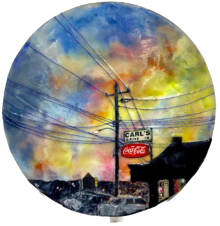 Best Cheeseburger in Missouri - ©Leah Merriman - Encaustic wax, Oil, thread, Ink and Vellum on Plaster - 7 inch diameter - $185