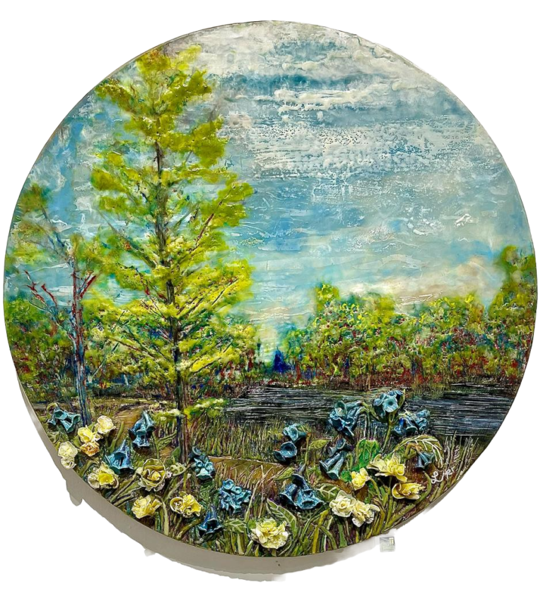 Happy Little Faces Along our Path - ©Leah Merriman - Encaustic wax, Oil, Shellac, Ink and Vellum on Wood - 24 inch diameter - $655