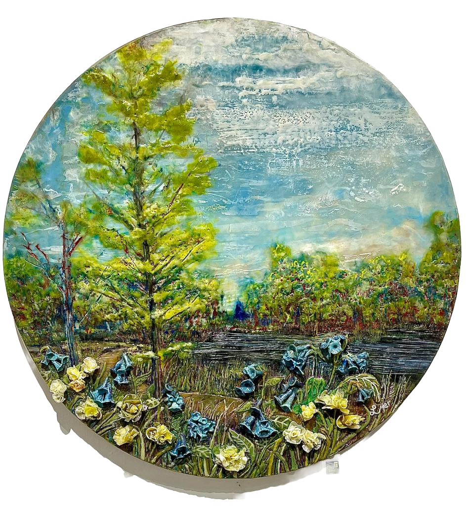Happy Little Faces Along our Path - ©Leah Merriman - Encaustic wax, Oil, Shellac, Ink and Vellum on Wood - 24 inch diameter - $655
