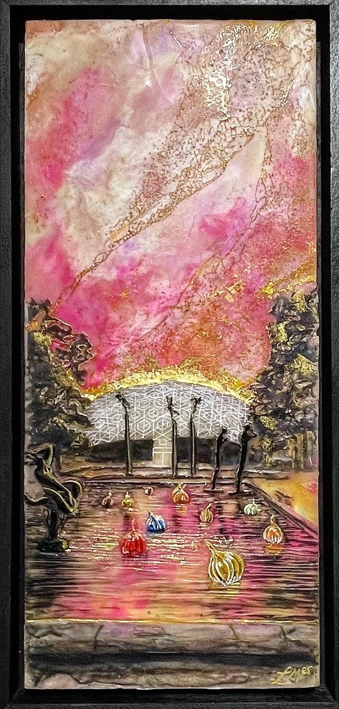 Pink Skies Over the Garden - ©Leah Merriman - Encaustic wax, Oil, Shellac, Gold Leaf Ink and Vellum on Wood - 17.75 x 8.75 inches - $340