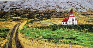 Icelandic Church - 
 ©Sheri Ahner - Hooked Rug - 30x56 inches -$1560