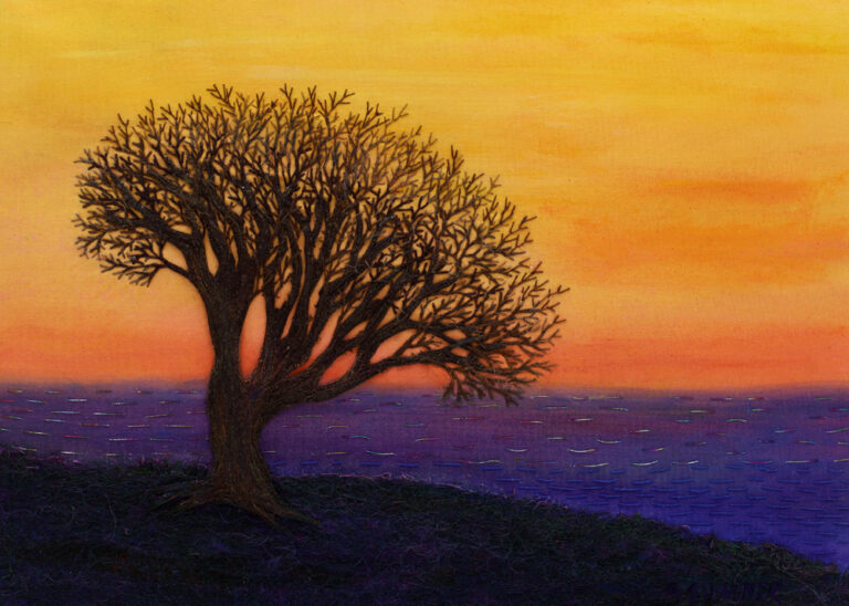 Sunset Silhouette Pouring into Life - ©Ana Sumner - Mixed Media Fiber Art - 11x14 inches $450.00