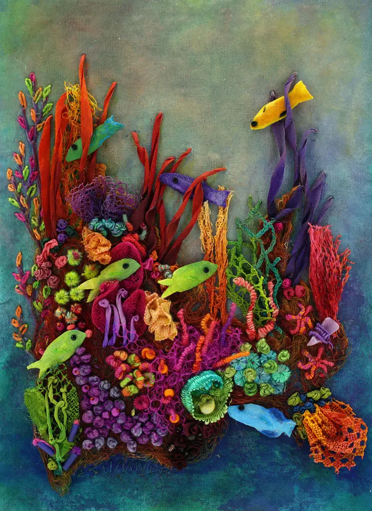 Magnificent Coral- ©Ana Sumner - Mixed Media Fiber Art- 8x10 - $295.00