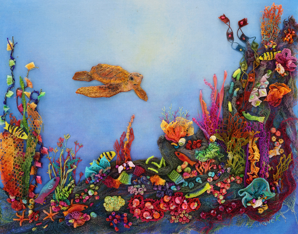 Sea Turtle Habitat ©Ana Sumner - Mixed Media Fiber Art - 11x14- 595.00