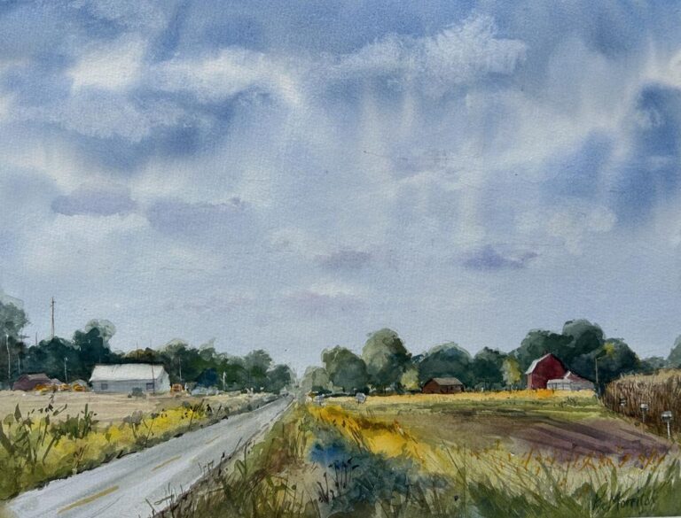 Big Sky Over Small Town- @Kathy Morrison- watercolor on paper- 18.5x 22.5” - $385