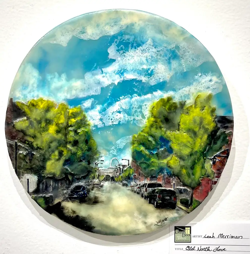 Old North Love ©Leah Merriman - Encaustic Wax Mixed Media on Plaster - 8 inch diameter - $185