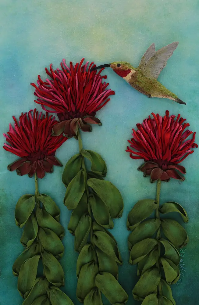 Bee Balm and the Ruby ©Ana Sumner - Mixed Media Fiber Art 9x12 inches $375.00 (1)