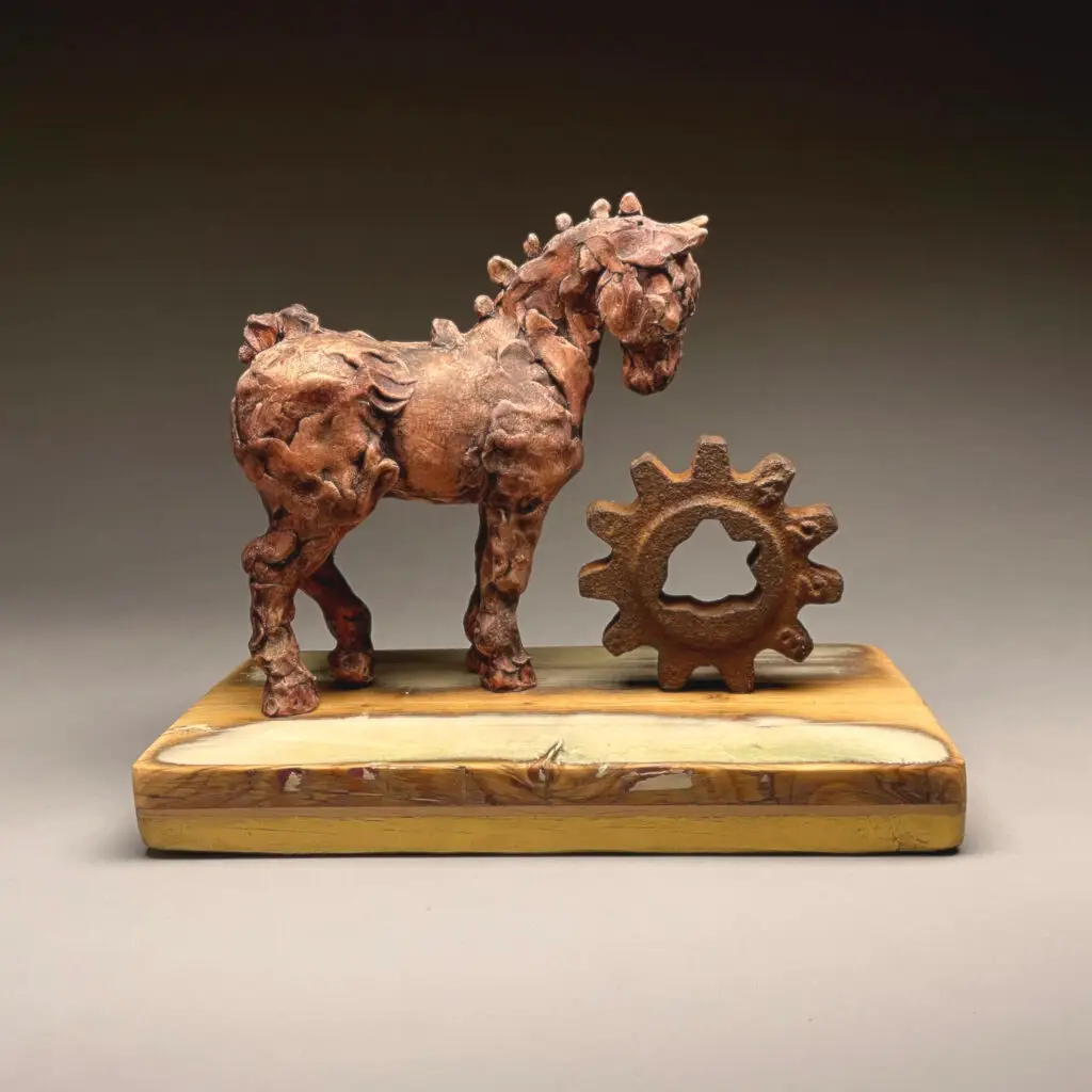 Gear - ©Caroline Staller - 9.25 x 11.75 x 5.5_ - ceramic, wood, and metal