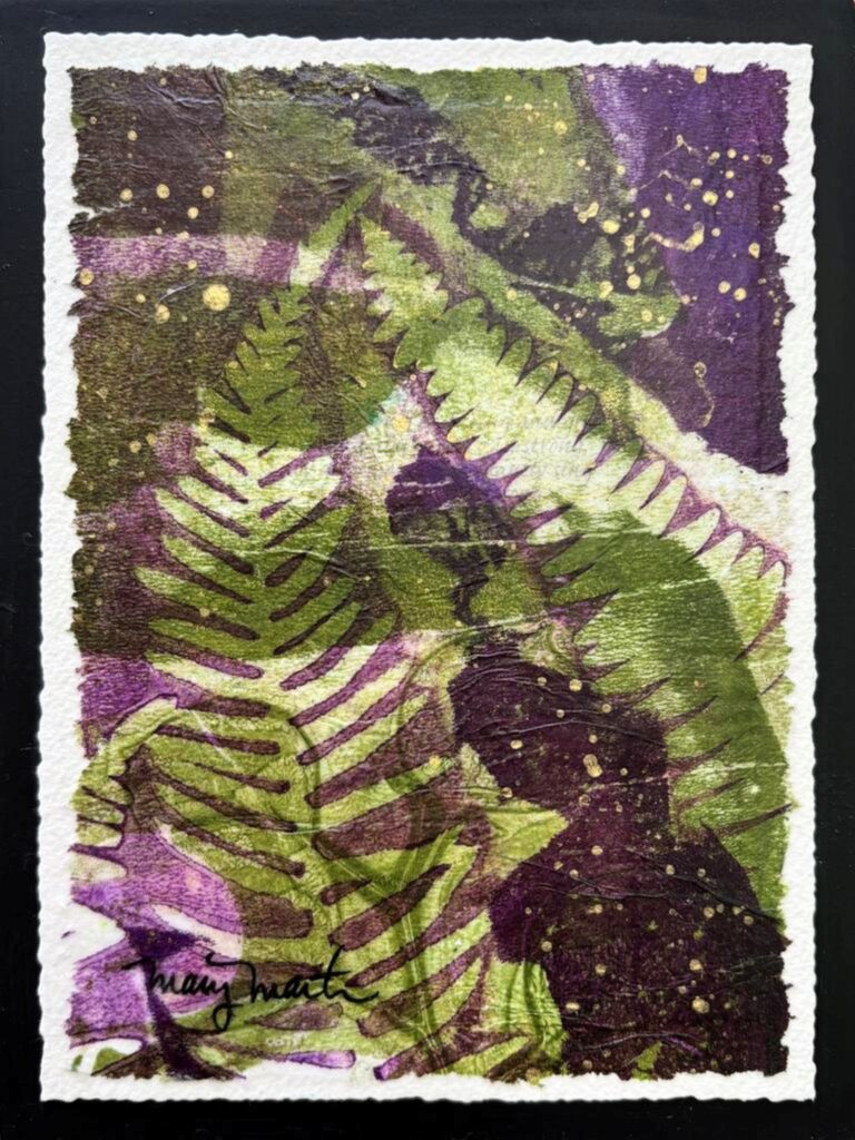 Spiraling Skyward - ©Mary Martin - Acrylic Monoprint Collage on Tissue Paper - 8 x 6 inches - $95