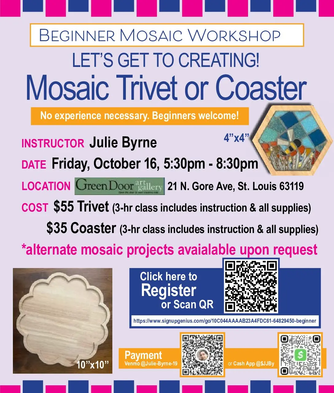 Beginner mosaic trivet or coaster workshop with Julie Byrne on Friday October 16, 5:30 to 8:30 PM