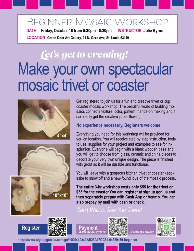 Mosaic class details and sample projects for Julie Byrne's October 16 beginner workshop