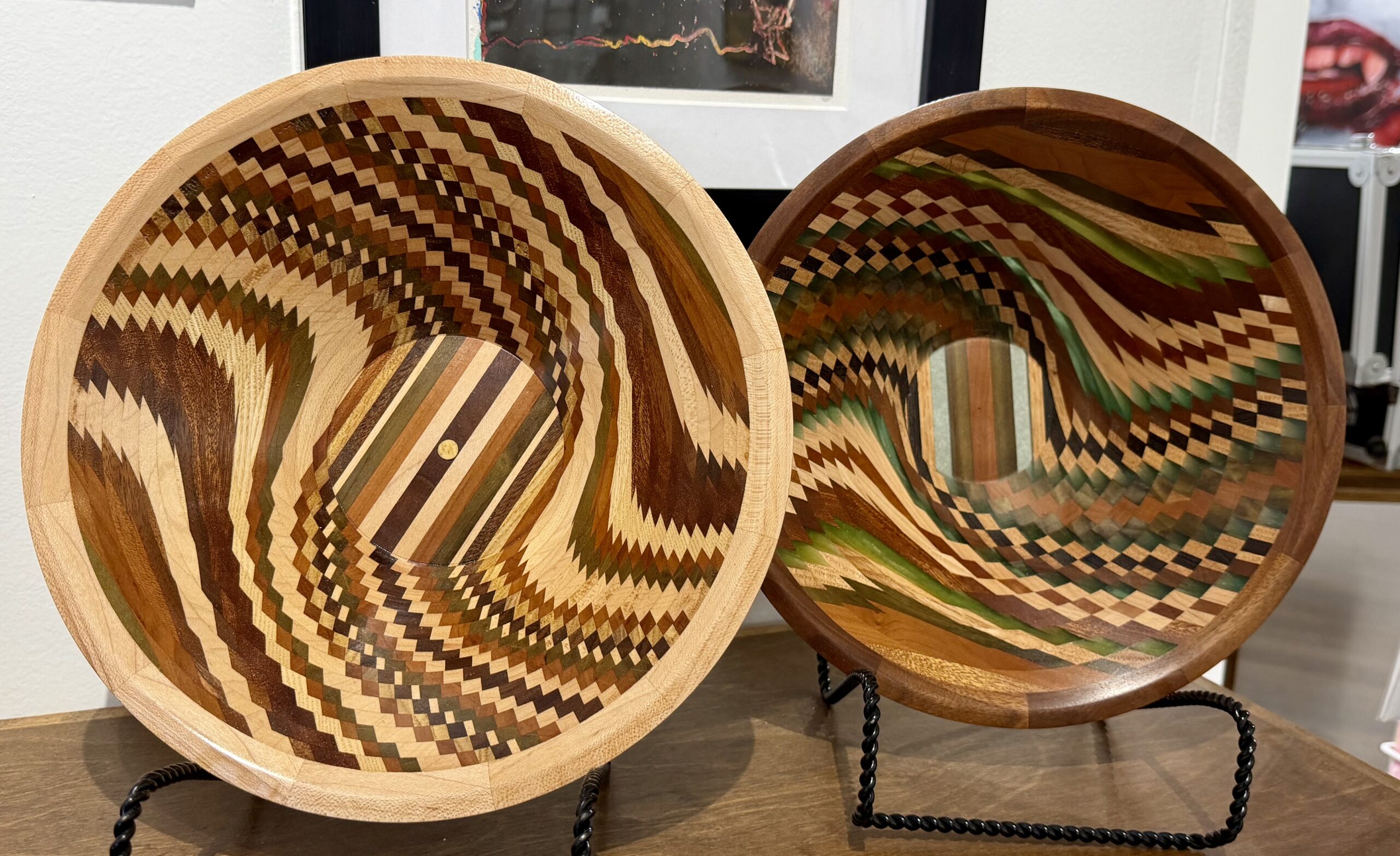 Two patterned wooden bowls by Michael Uding